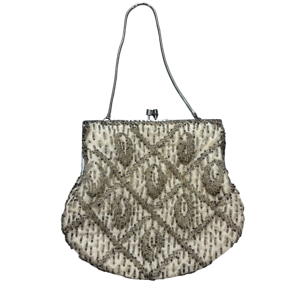 Vintage Beaded Evening Bag Cream Silver Kiss Lock Clutch Hand Made in Hongโ Kong